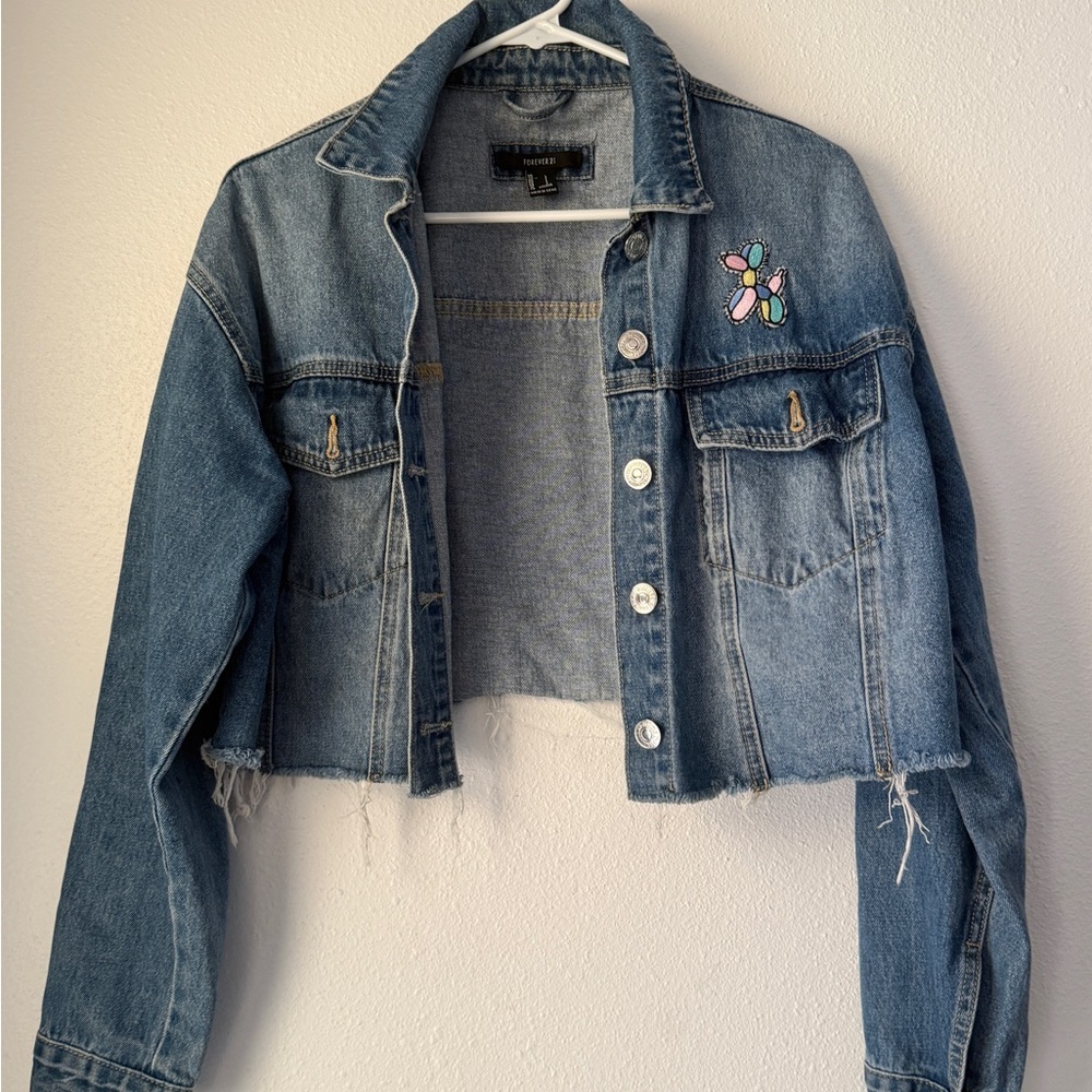 Y2K Forever 21 Women L Jacket LightWash Denim Embroidered Balloon Dog Crop
